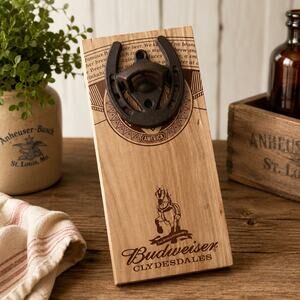 Budweiser Clydesdales Horseshoe Bottle Opener Wood Wall Plaque